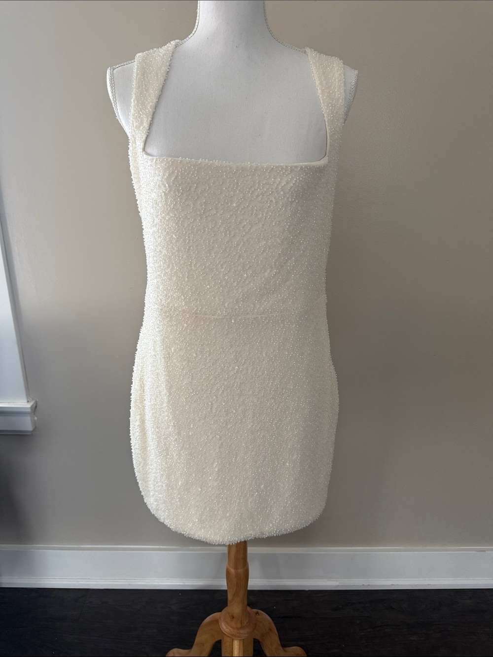 Oh Polly Cream Beaded Square Neck Midi Dress